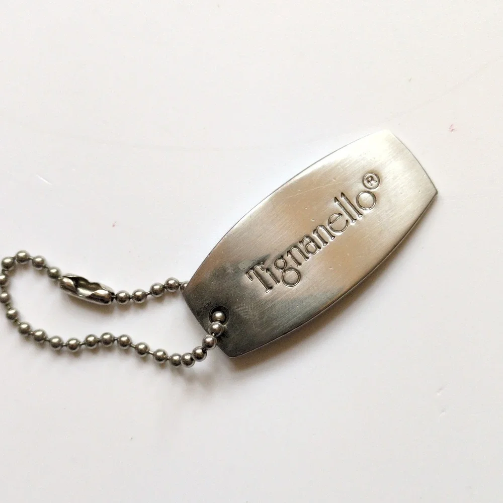 Tignanello Purse Hangtag or Charm Silver Brushed Metal Logo Ball Chain Fob